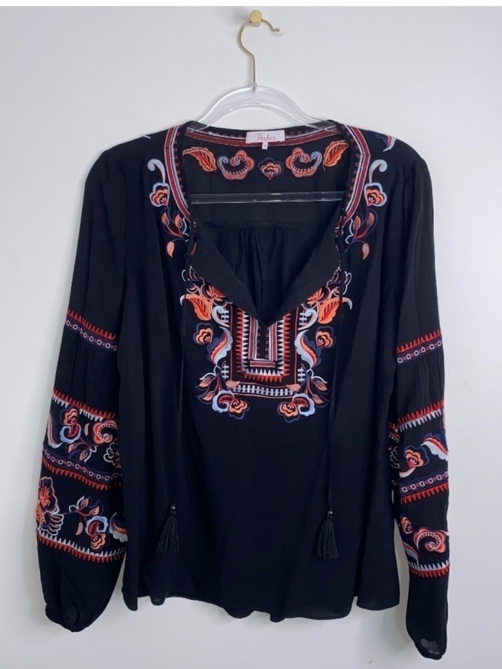 Parker Boho Embroidered Black Balloon Sleeves Top Blouse Size Medium Festival